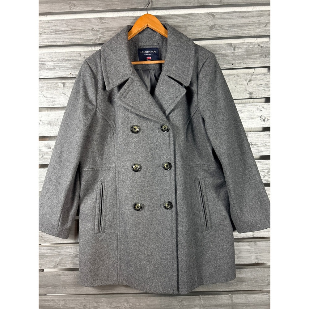 London Fog Womens XL Gray Wool Blend Double Breasted Pea Coat Jacket MINT